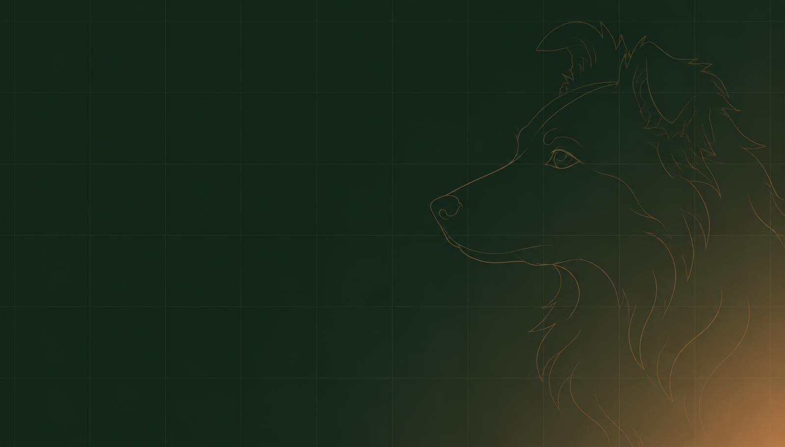 A copper outline of a border collie drawn on a deep green design grid