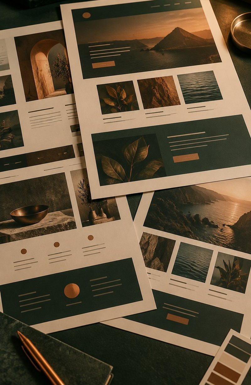 Printed website screens laid out on a deep green desk in warm light